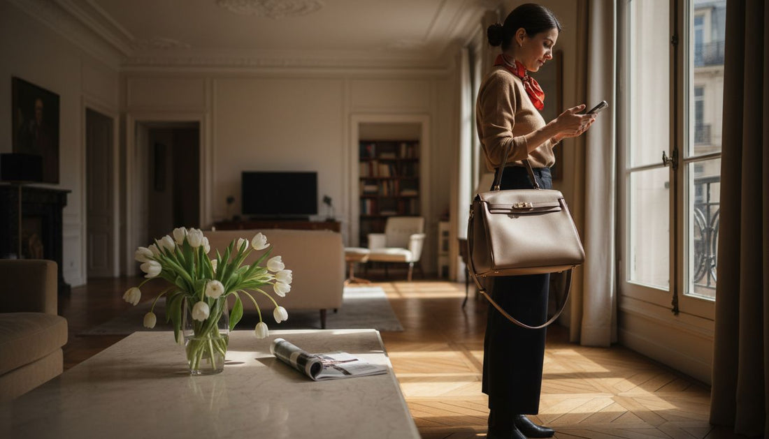 Woman with luxury handbag in Paris apartment