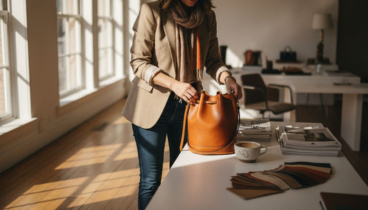 Woman placing leather bucket bag on design studio desk