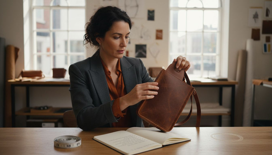 Woman inspecting leather sling bag at boutique desk