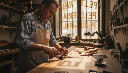 Italian craftsman burnishing leather in workshop