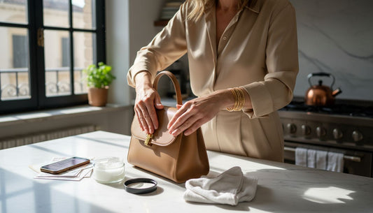 Woman applying leather cream to Italian bag