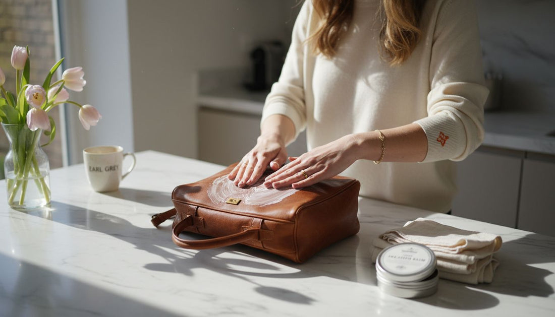 Applying leather conditioner to luxury handbag