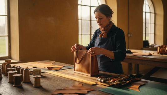 Craftswoman inspecting leather handbag in atelier
