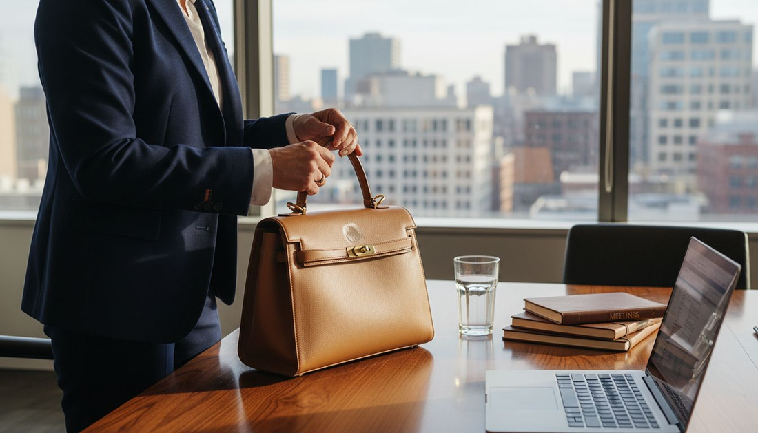 Top grain leather bag on office table