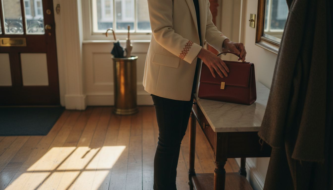 Elegant woman placing top-grain leather purse