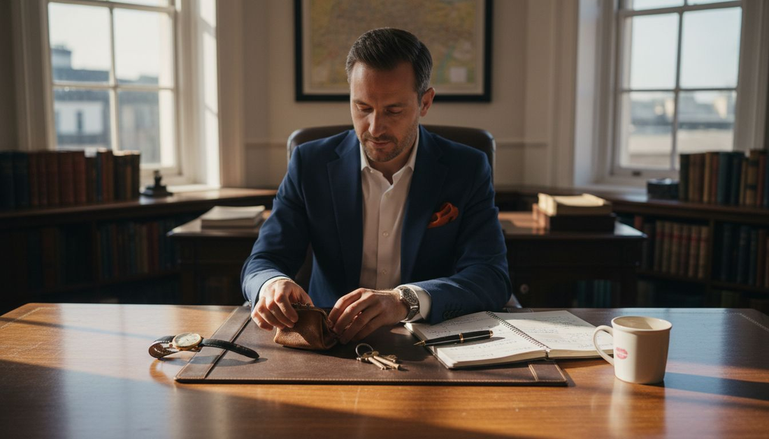 Man places leather coin purse on office desk
