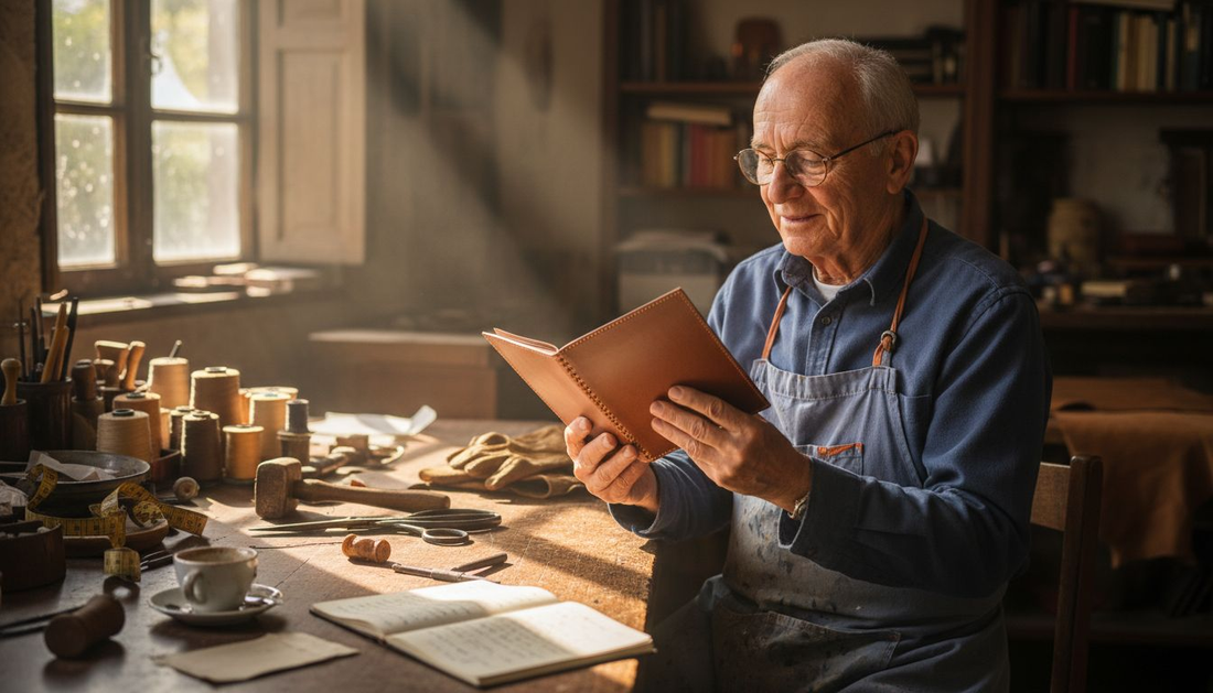Italian craftsman with leather notebook at workbench