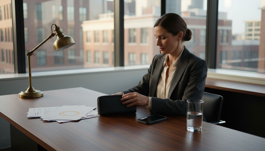Woman setting black leather wallet in office