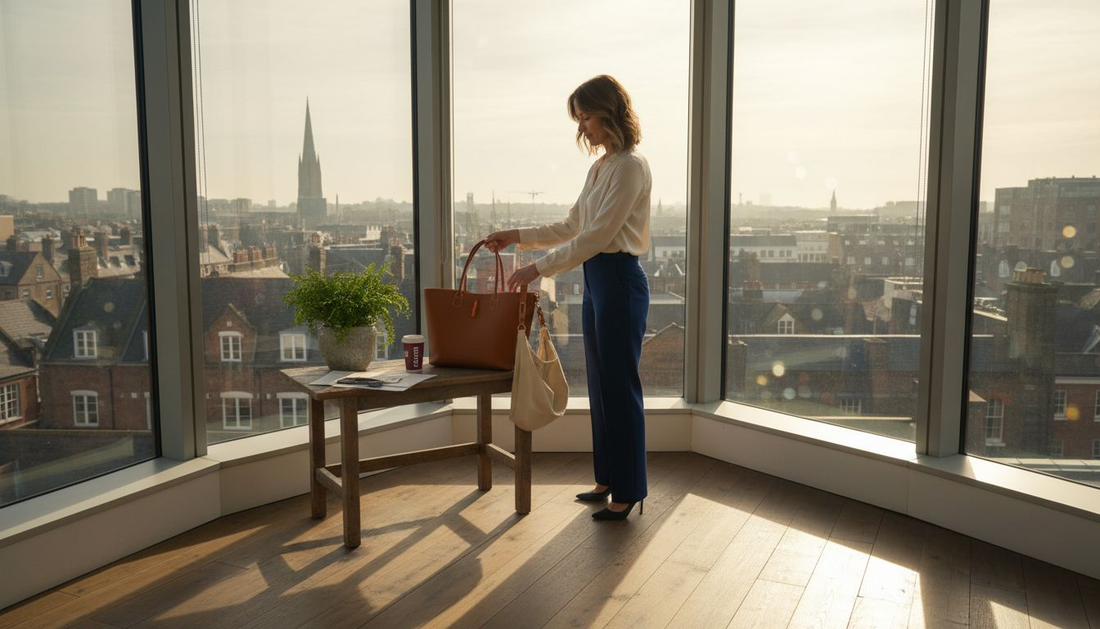 Professional woman with leather and canvas bags in office