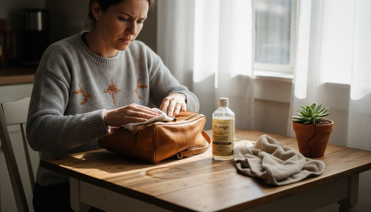 Woman cleaning a leather handbag at kitchen table