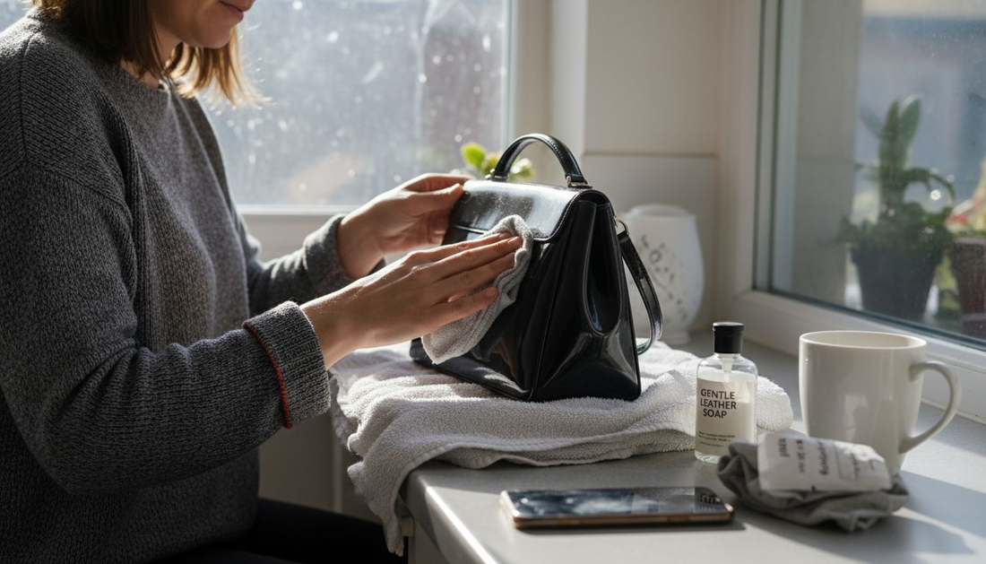 Woman preparing workspace to clean purse