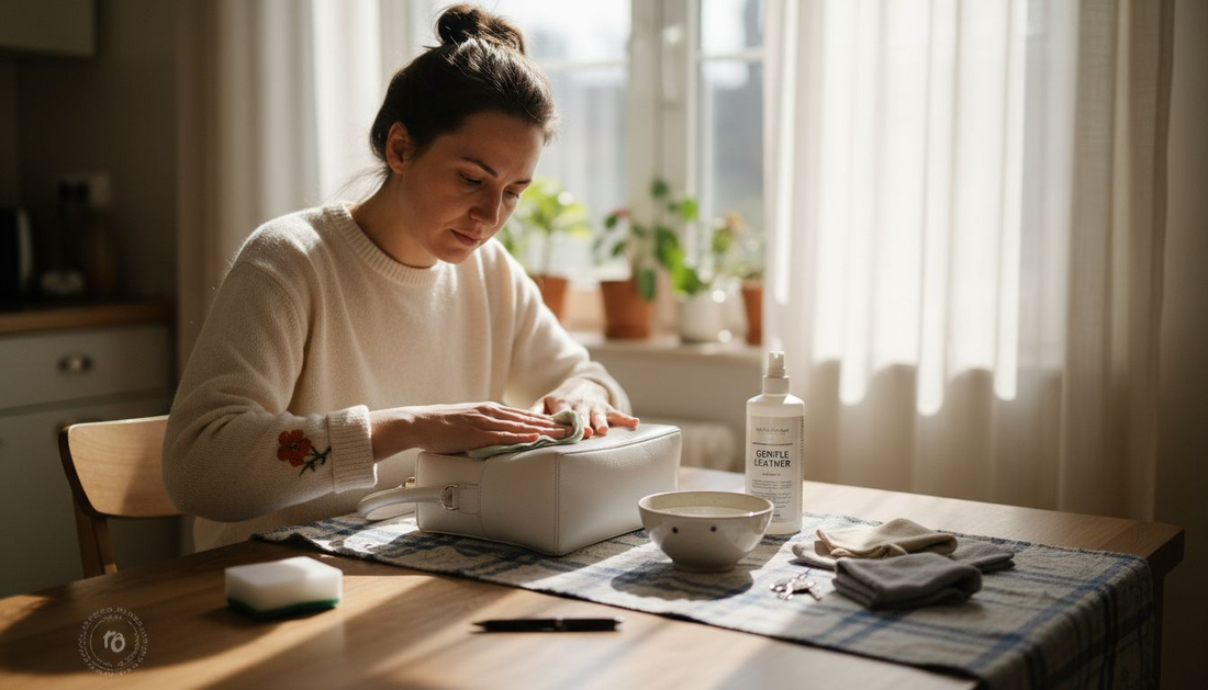 Woman cleaning white leather purse on kitchen table