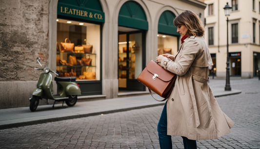 Woman inspecting leather bag outside Milan boutique