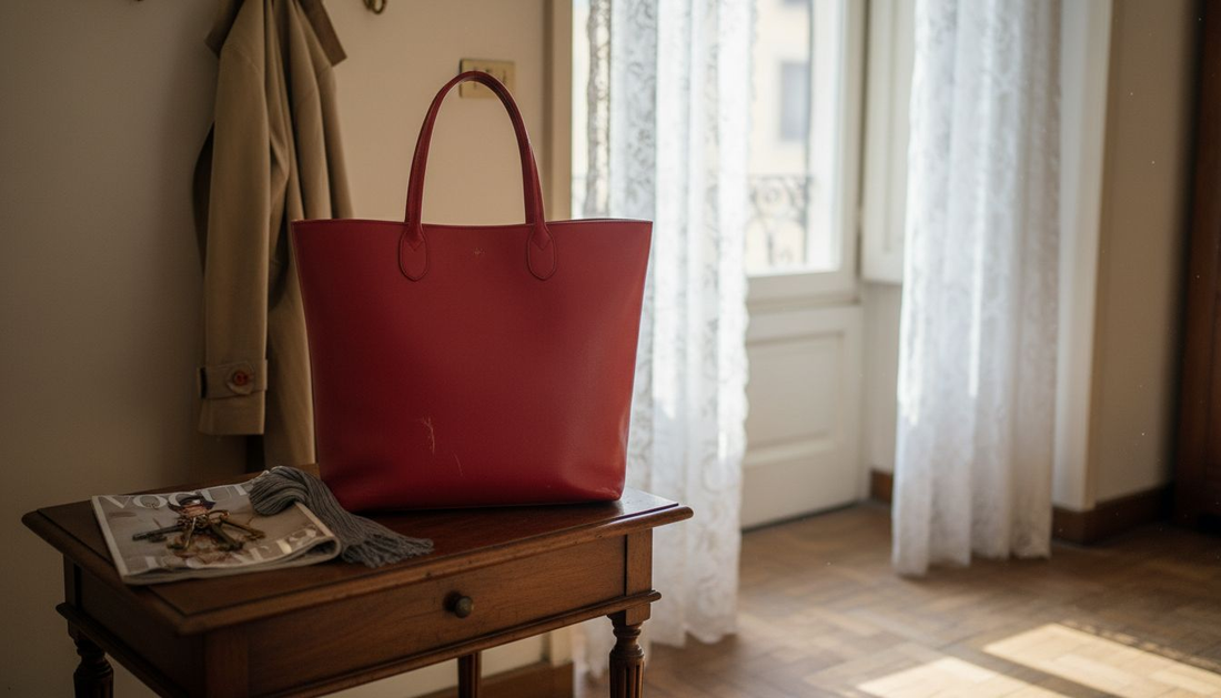 Elegant red Italian tote on walnut table foyer