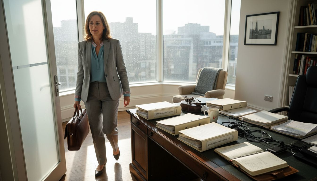 Woman with leather briefcase walking into office