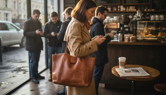 Woman with vintage leather tote entering coffee shop