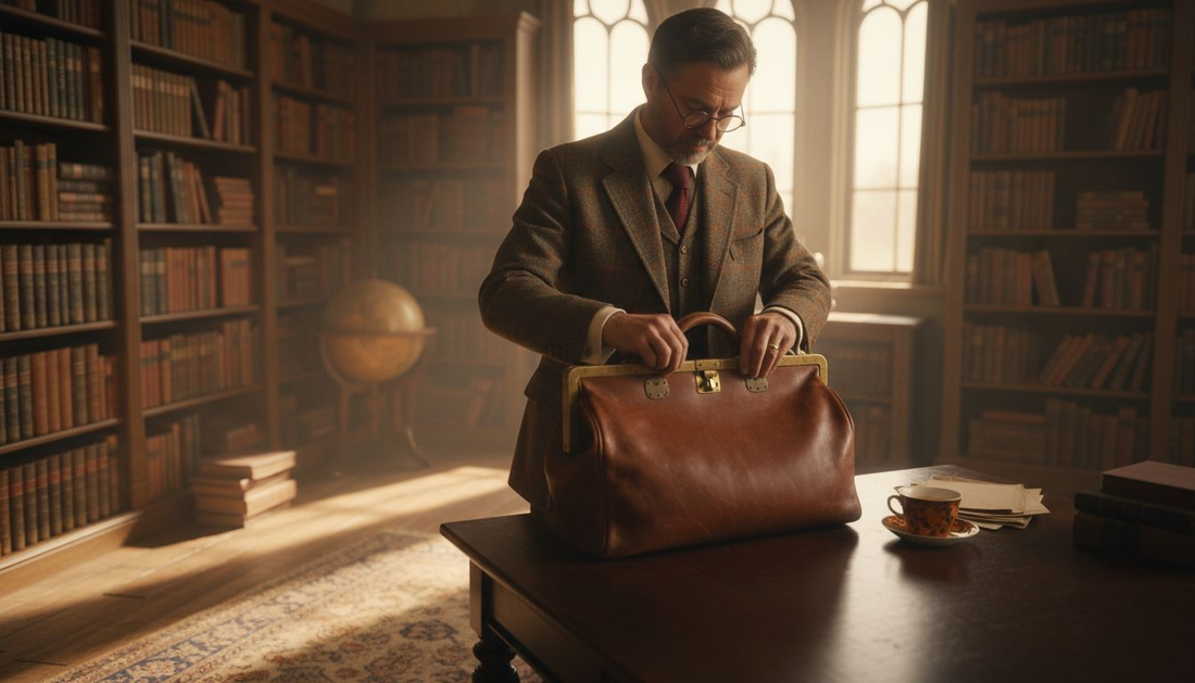 Gentleman placing Gladstone bag in vintage office
