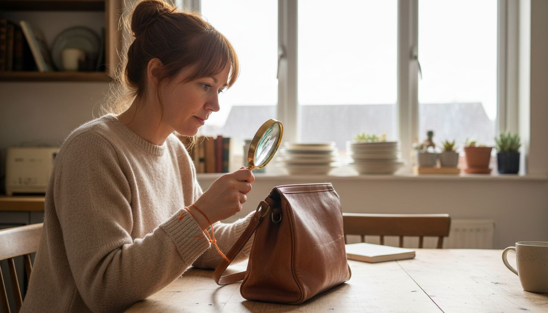Woman inspecting thrifted leather purse closely