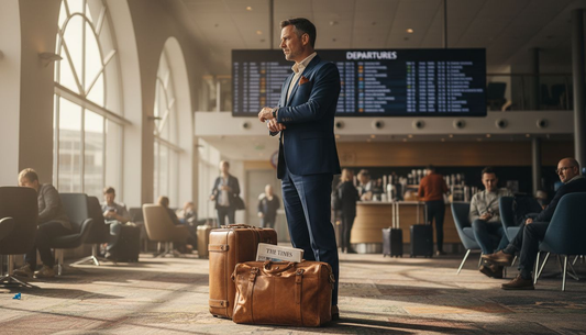 Traveler with luxury leather luggage in airport lounge