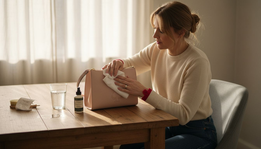 Woman cleaning Kate Spade leather purse at table