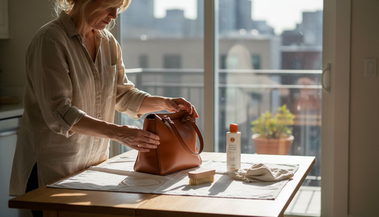 Woman setting up leather purse cleaning area