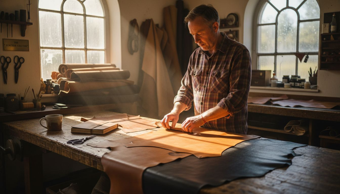 Artisan inspects different leather types on workbench