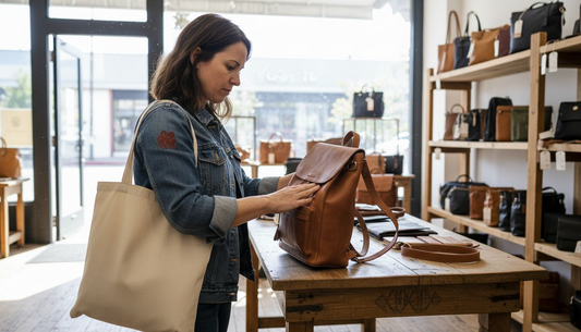 Woman examining leather backpack purse in boutique