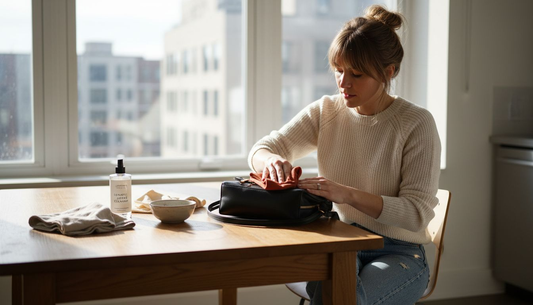 Woman cleaning designer purse in apartment