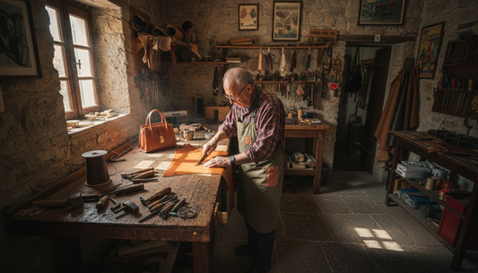 Italian artisan in leather workshop cutting leather