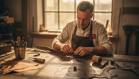 Artisan hand-stitching leather at workbench