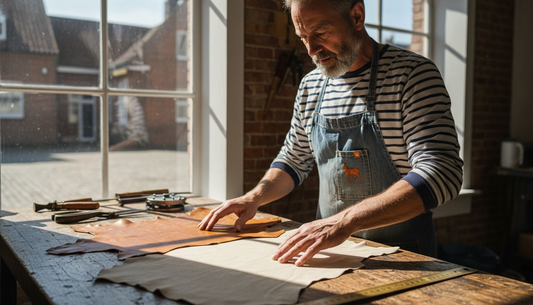 Artisan comparing calfskin and lambskin hides