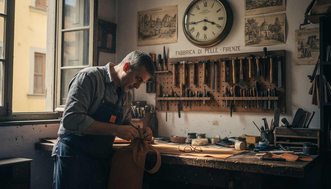 Artisan hand-stitching bag in Florence workshop