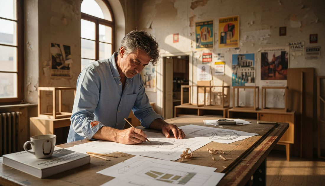 Italian designer sketching in sunlit studio