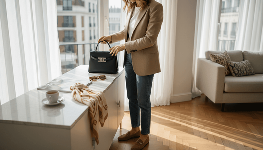 Woman arranging classic black handbag in city home