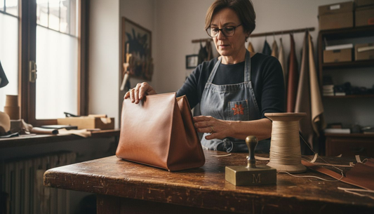 Artisan inspecting full-grain leather handbag