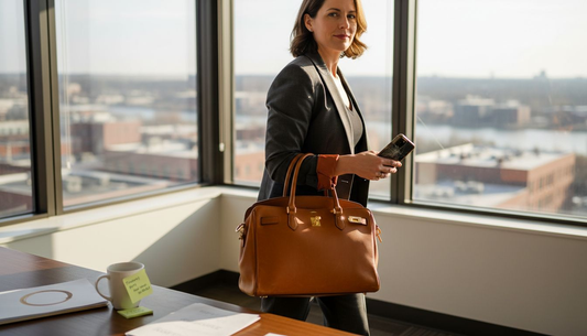 Woman carrying Italian designer work bag in office