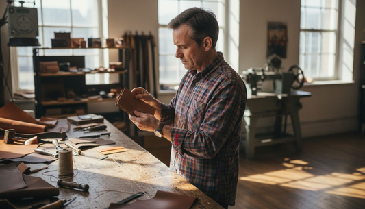 Artisan crafting wallet in Florence leather workshop