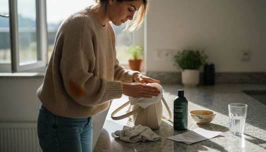 Woman cleaning cream leather handbag in kitchen