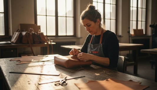 Artisan hand-stitching leather handbag in sunlit studio