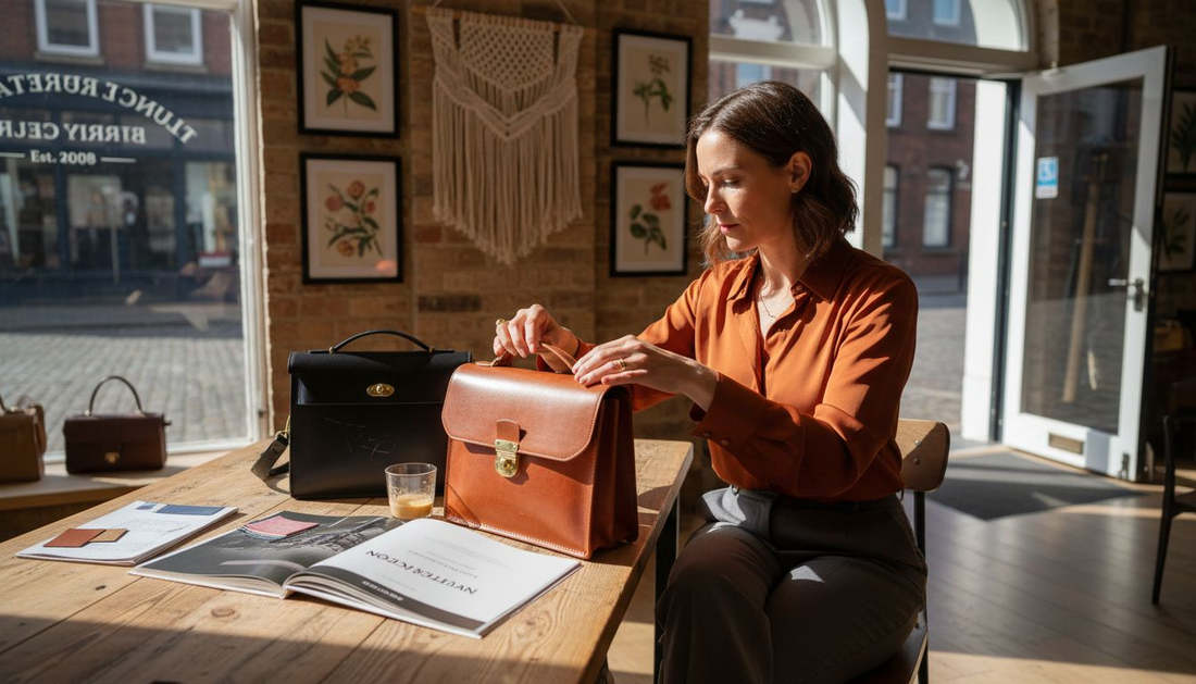 Woman examining leather handbags in boutique