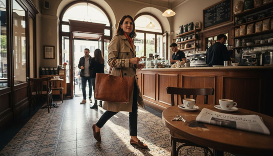 Woman carrying Italian leather tote in Milan café