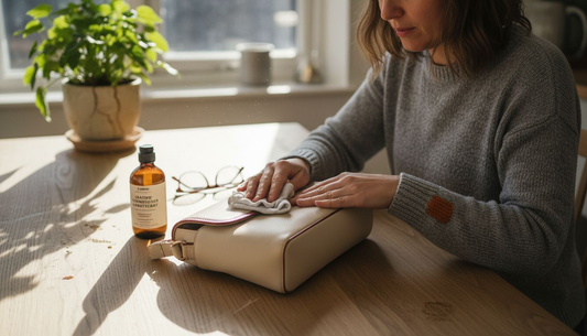 Woman cleaning cream leather bag at table