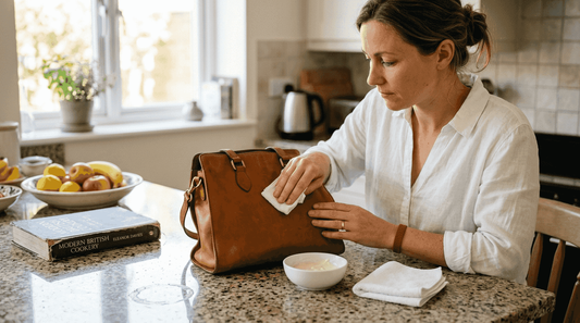 Woman carefully cleaning Italian leather handbag