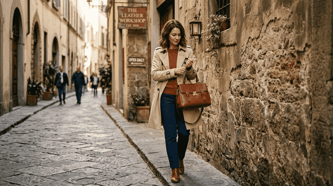 Woman with Italian leather purse in Florence street