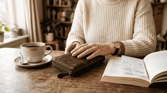 Hands with zip around leather wallet on table