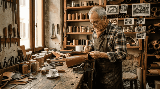 Italian craftsman stitching designer bag in workshop