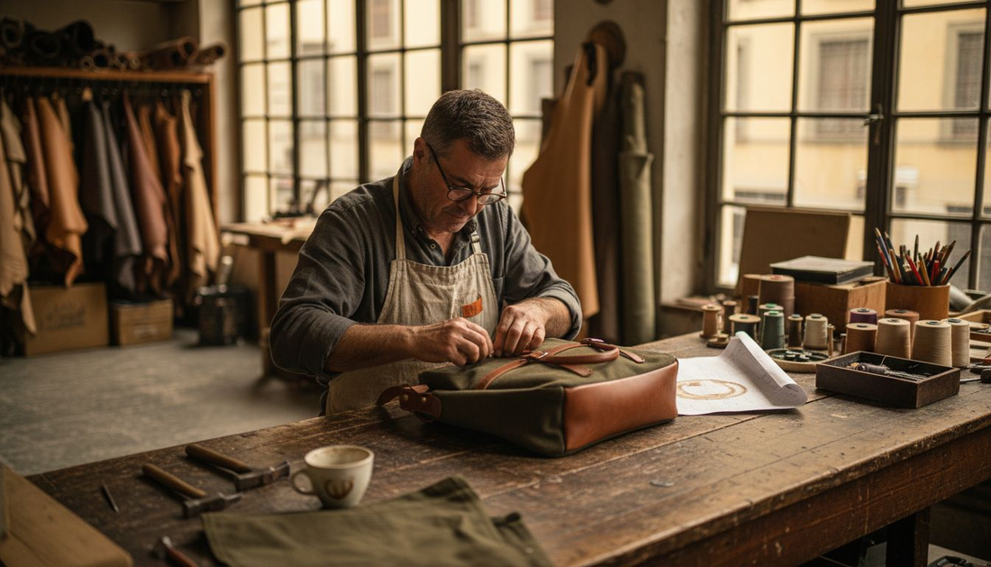Artisan stitching canvas and leather bag in workshop