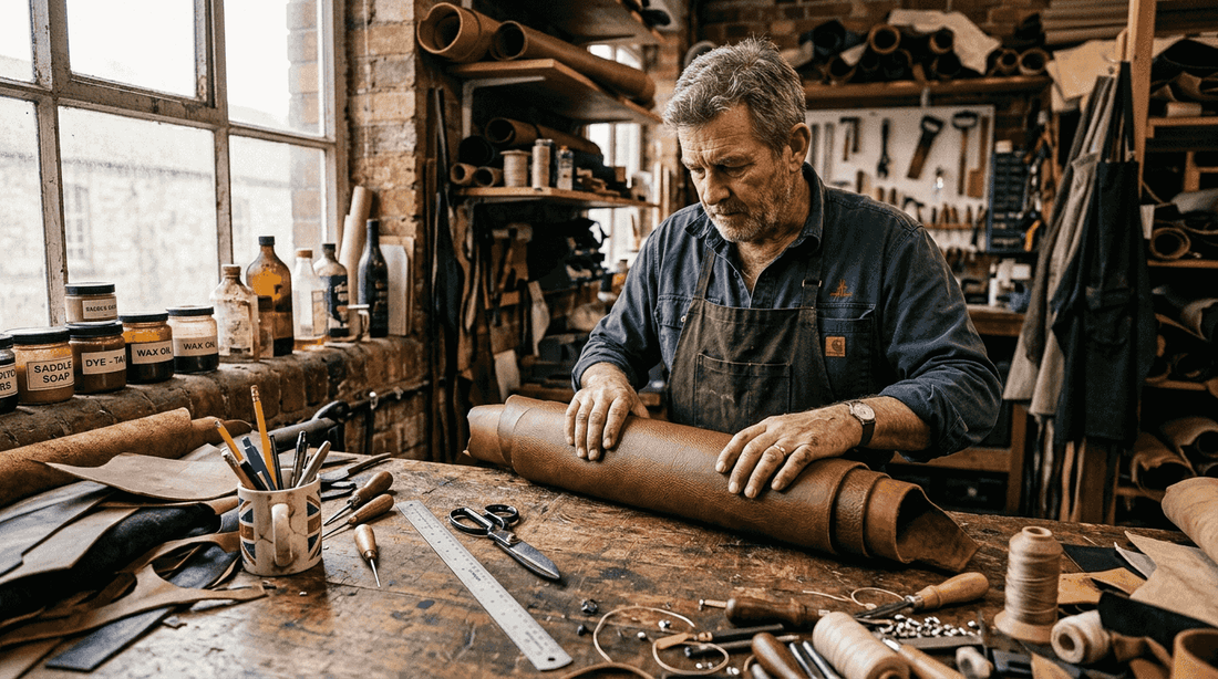 Leatherworker examines cowhide at busy workbench