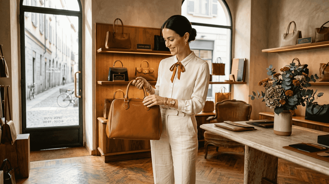 Woman viewing high-end leather handbags display