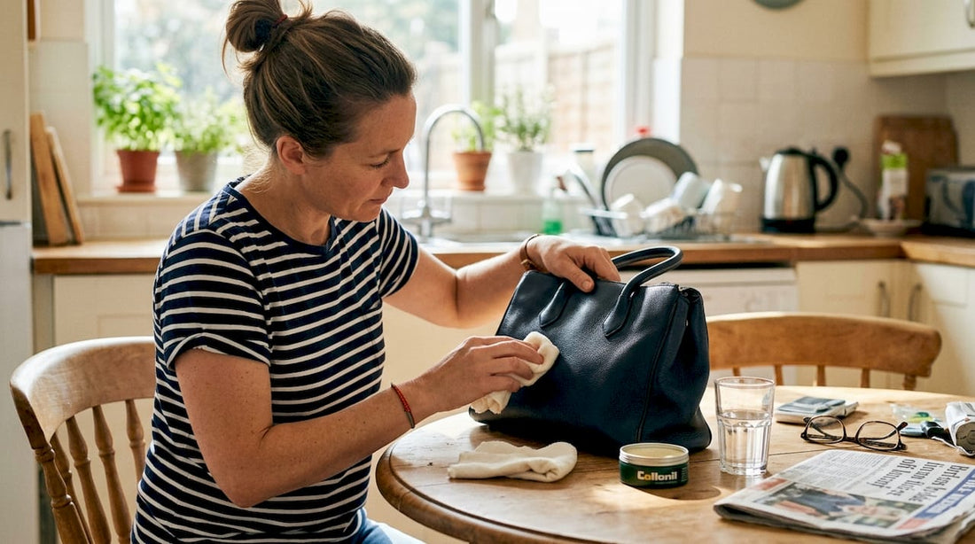 Woman caring for luxury bag at kitchen table